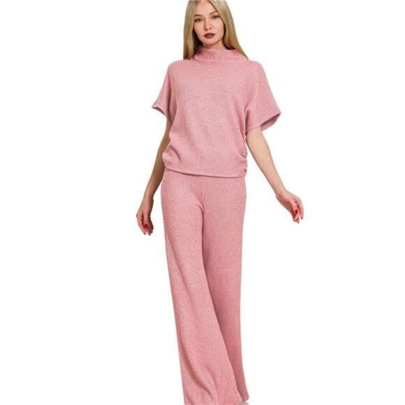 Zenana Sweater Mock Neck Top & Long Pants Set - Picture 2 of 3